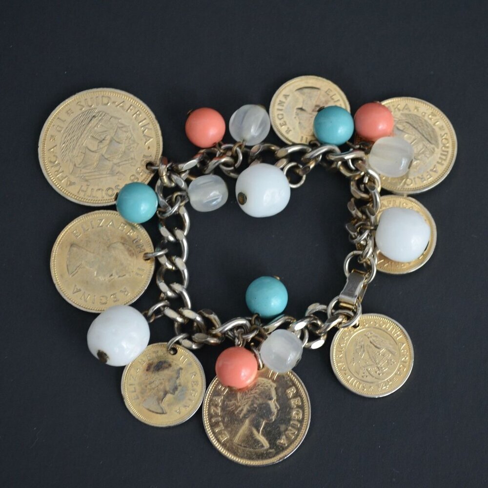 Vintage Bangle Bracelet Traveler's Charms Coins Beaded
